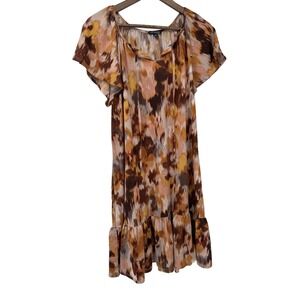 Earth Tone Abstract Floral Boho Swing Dress Flutter Sleeve Tie Fairy Cottagecore